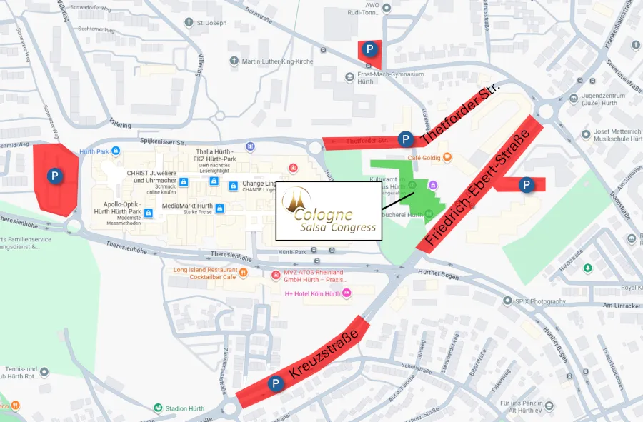 Karte mit den Parkmöglichkeiten rund um das Bürgerhaus Hürth: Thetforder Straße, Friedrich-Ebert-Straße, Kreuzstraße und Hürth Park